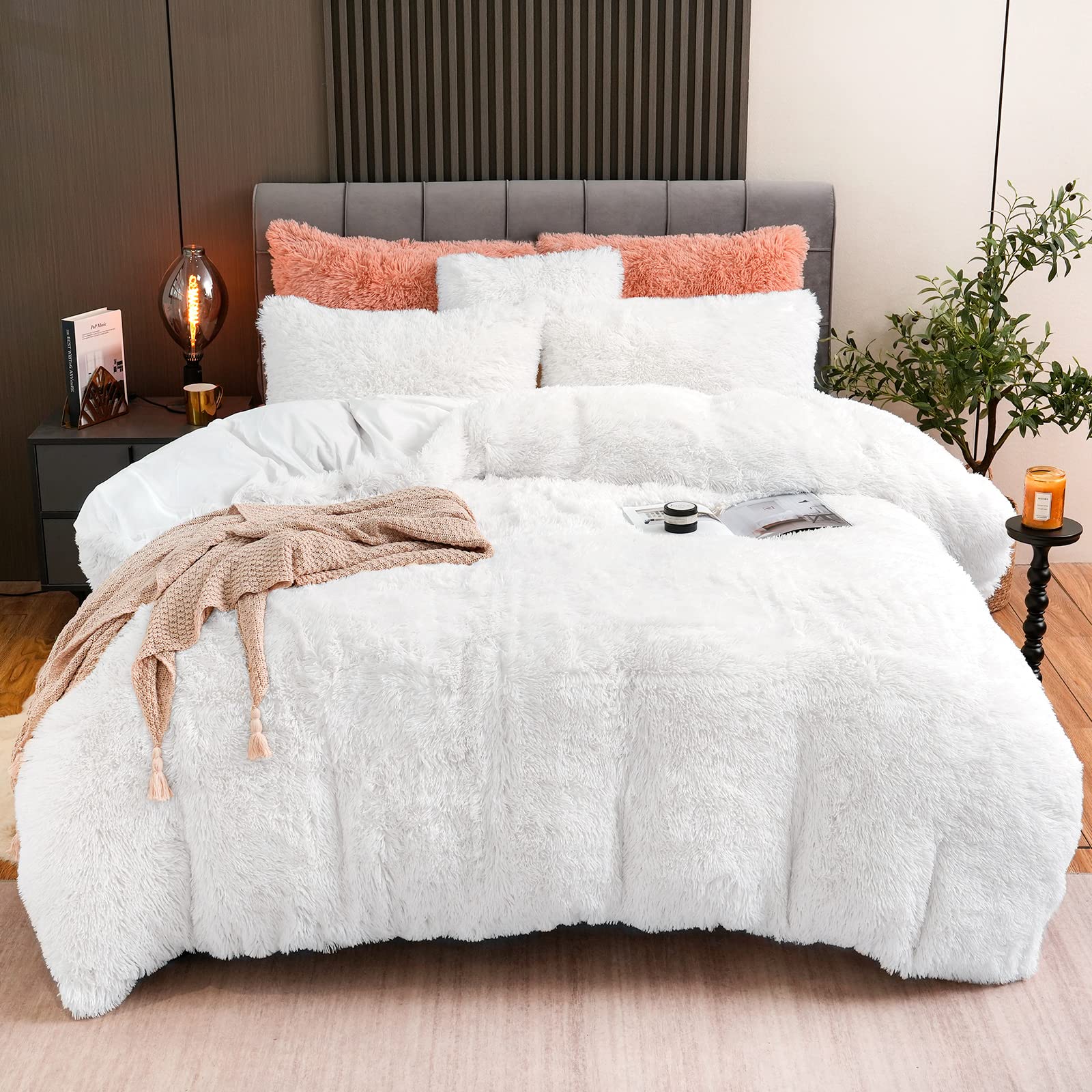 Fluffy Plush White Duvet Cover Set King Size, Luxury Ultra Soft Velvet Fuzzy Comforter Cover Bed Sets 4Pcs(1 Faux Fur Duvet Cove